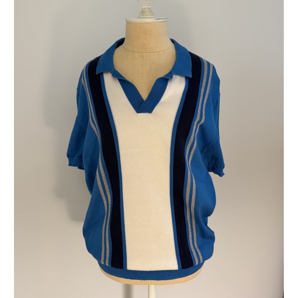 Orlebar Brown Knitted Polo Classic Horton Vertical Stripe Blue Mens Large